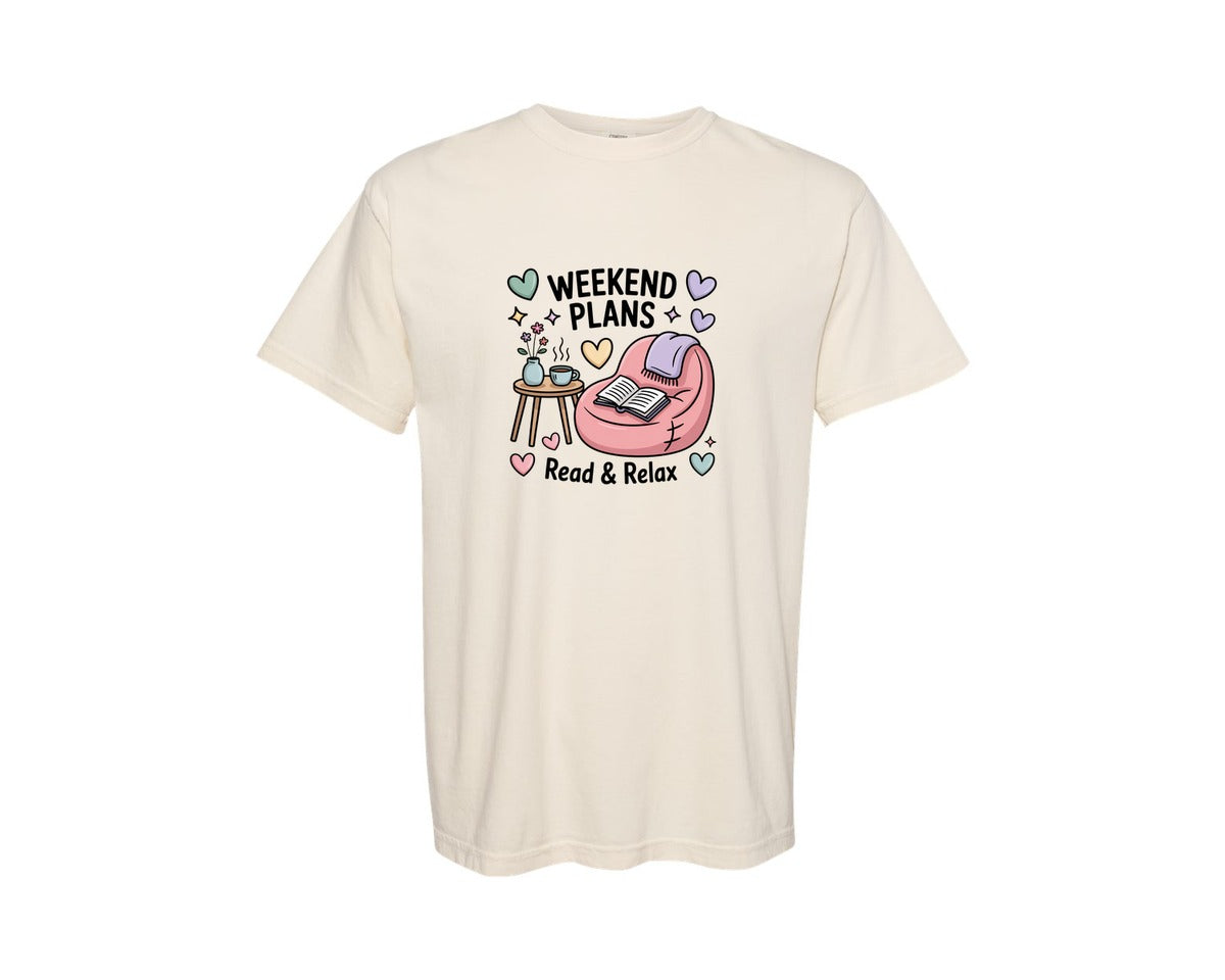 brand:Comfort Colors|color:Ivory|Weekend Plans Read And Relax Book Graphic T-Shirt