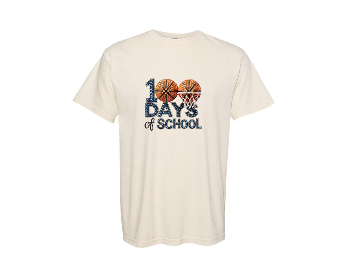 brand:Comfort Colors|color:Ivory|Rhinestone Basketball 100 Days School Graphic T-Shirt