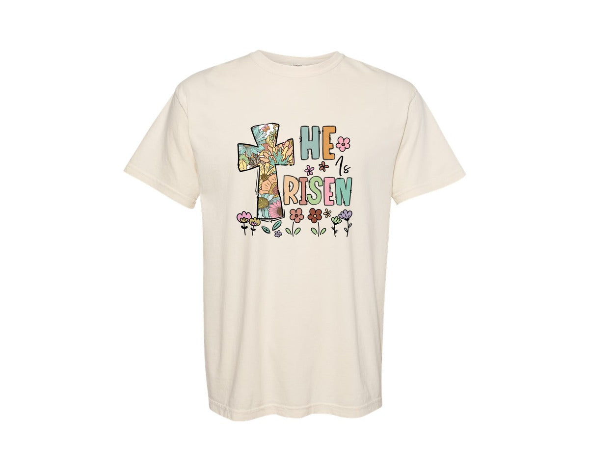 brand:Comfort Colors|color:Ivory|He Is Risen Easter Christian Faith Cross Graphic T-Shirt