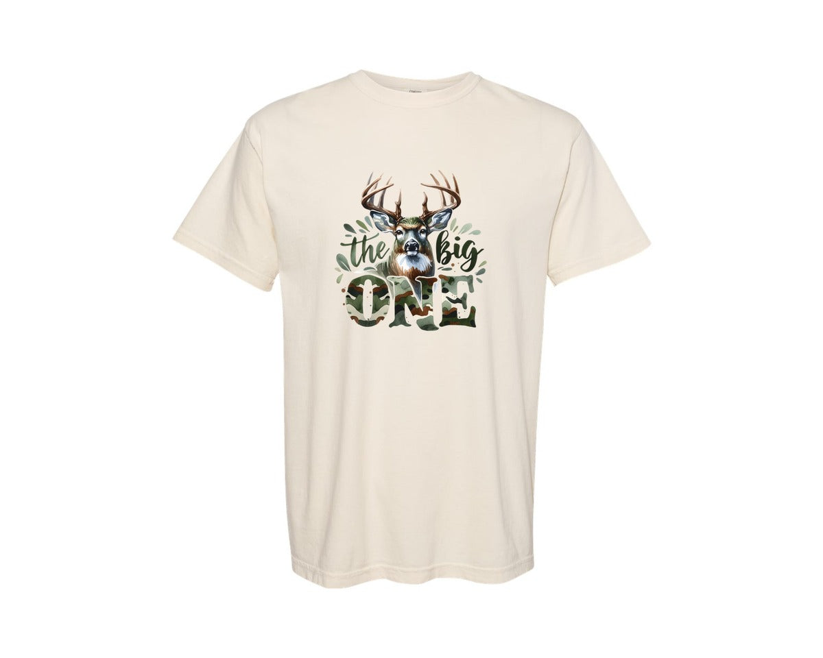 brand:Comfort Colors|color:Ivory|Camo Deer The Big One Birthday Boy Graphic T-Shirt
