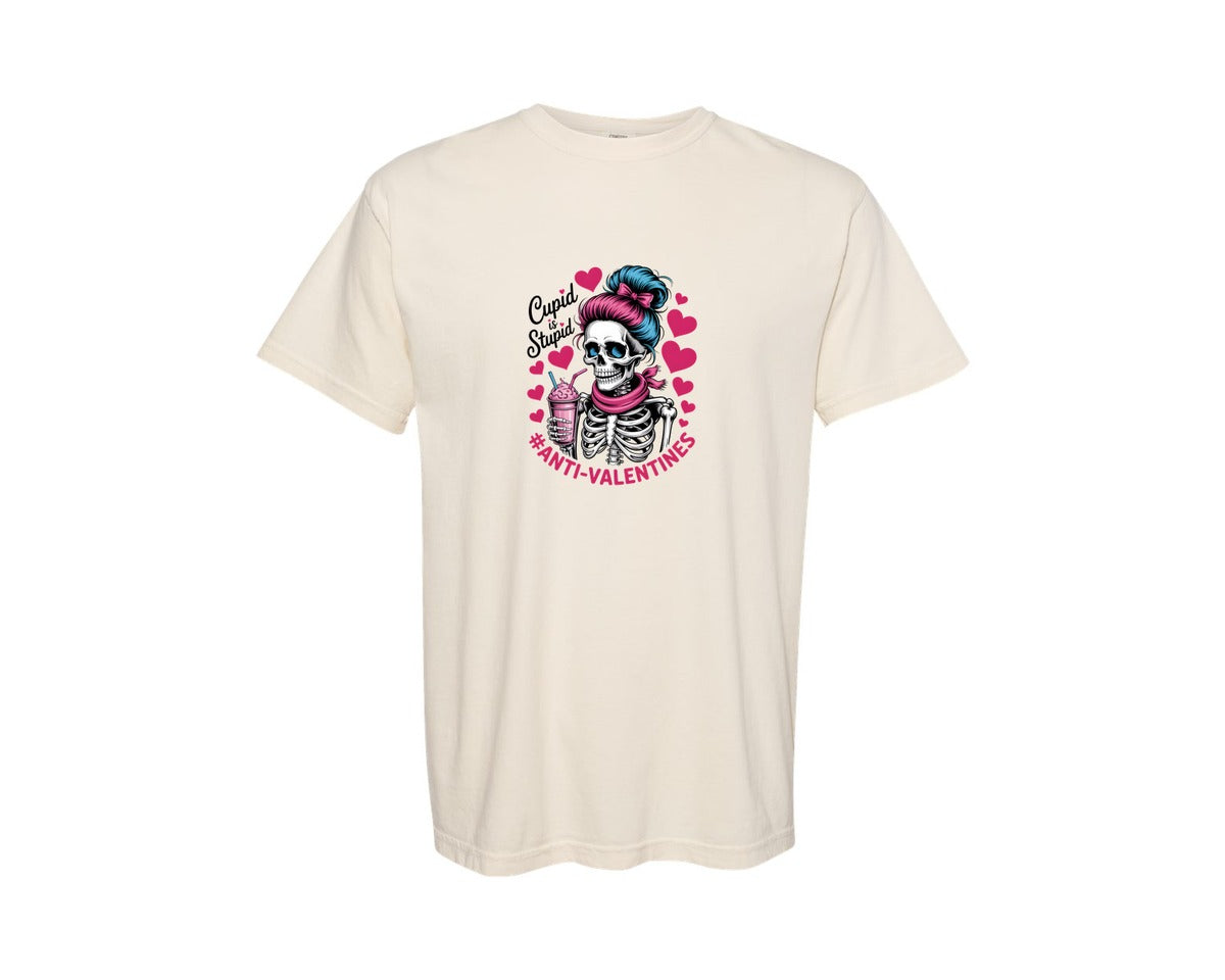 brand:Comfort Colors|color:Ivory|Funny Anti Valentine Skeleton Design Graphic T-Shirt