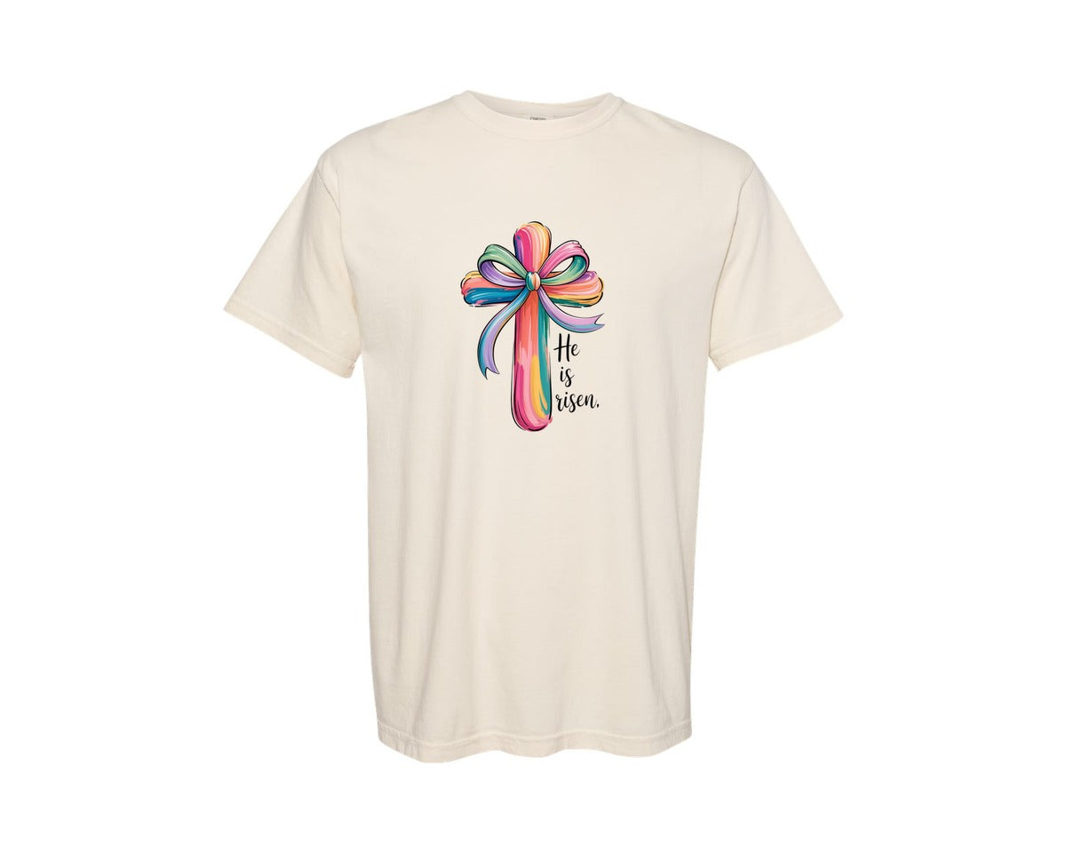 brand:Comfort Colors|color:Ivory|Cross Easter Pink He Is Risen Graphic T-Shirt
