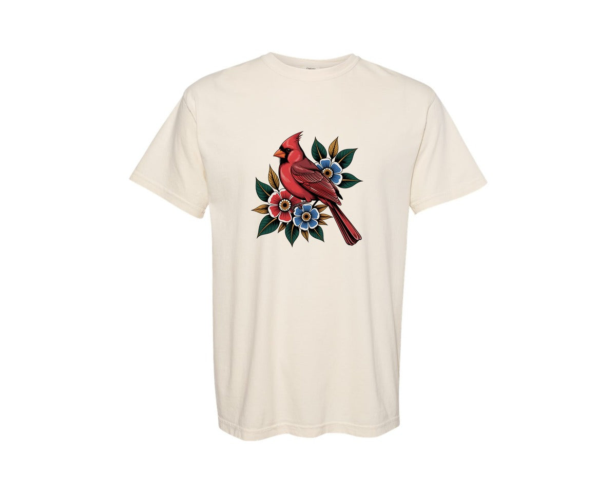 brand:Comfort Colors|color:Ivory|Red Cardinal Bird With Flowers Graphic T-Shirt