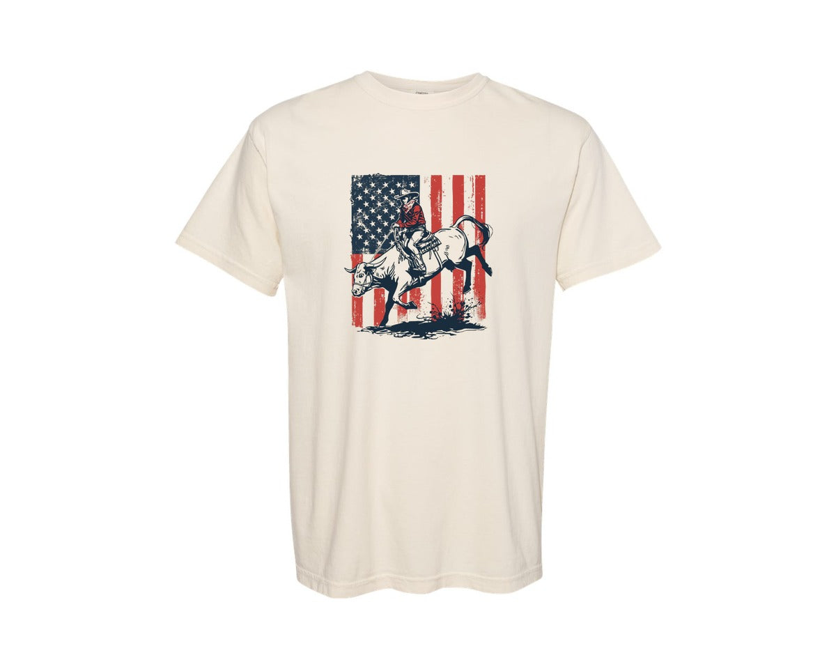 brand:Comfort Colors|color:Ivory|Patriotic Cowboy Bull Riding Graphic T-Shirt