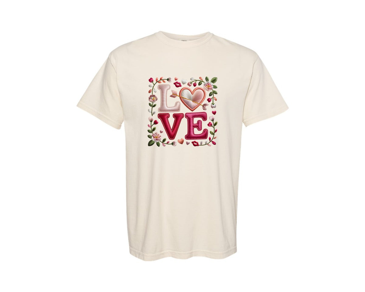 brand:Comfort Colors|color:Ivory|Valentines Day Embroidery Graphic T-Shirt