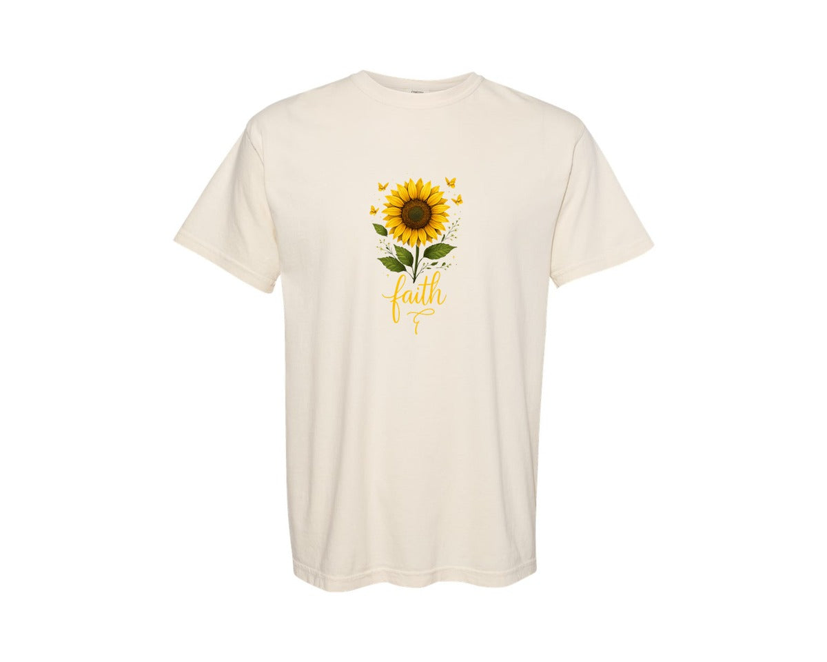 brand:Comfort Colors|color:Ivory|Faith Sunflower Butterfly Christian Graphic T-Shirt