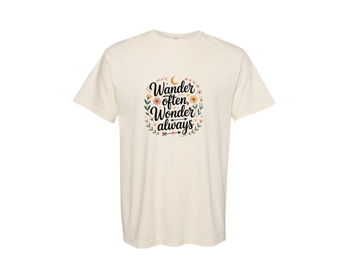 brand:Comfort Colors|color:Ivory|Wander Often Wonder Always Boho Floral Graphic T-Shirt