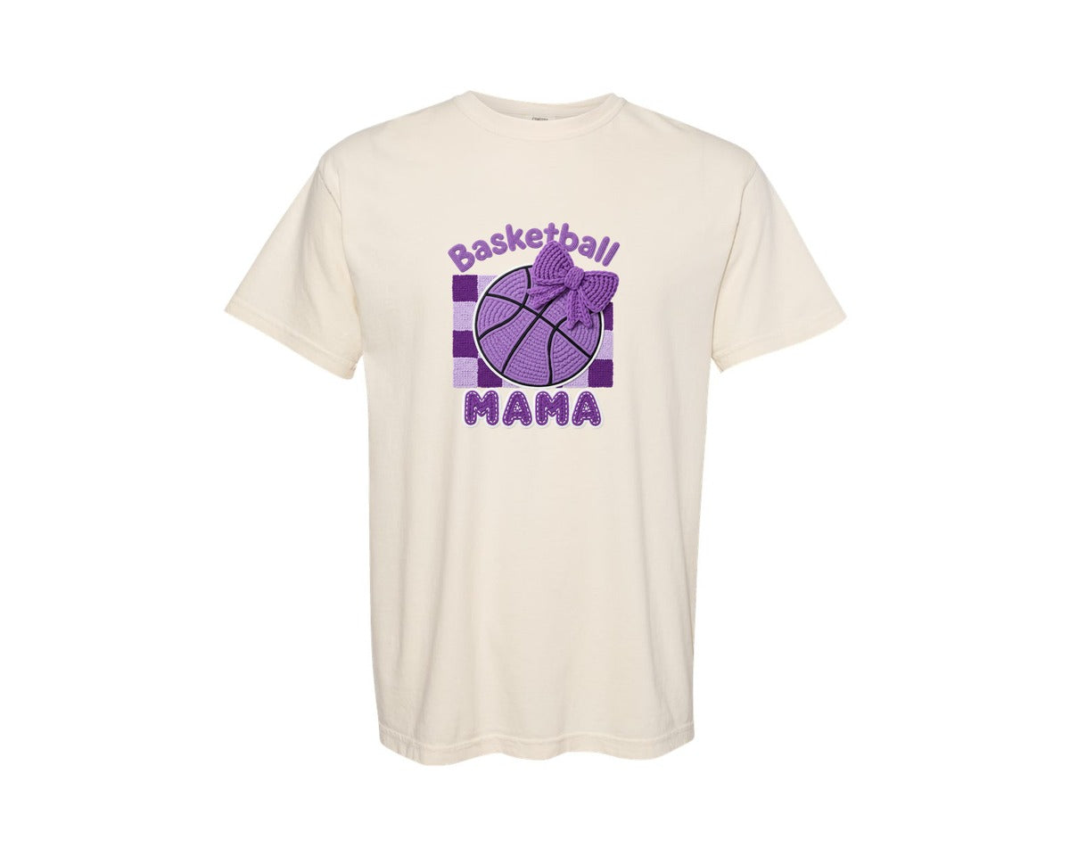 brand:Comfort Colors|color:Ivory|Faux Yarn Crochet Basketball Mama Graphic T-Shirt