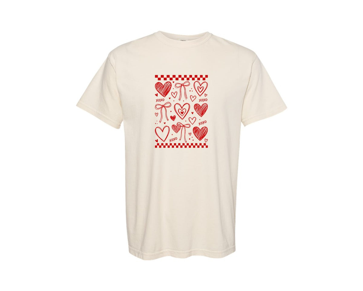 brand:Comfort Colors|color:Ivory|Hand Drawn Valentine Hearts Coquette Graphic T-Shirt