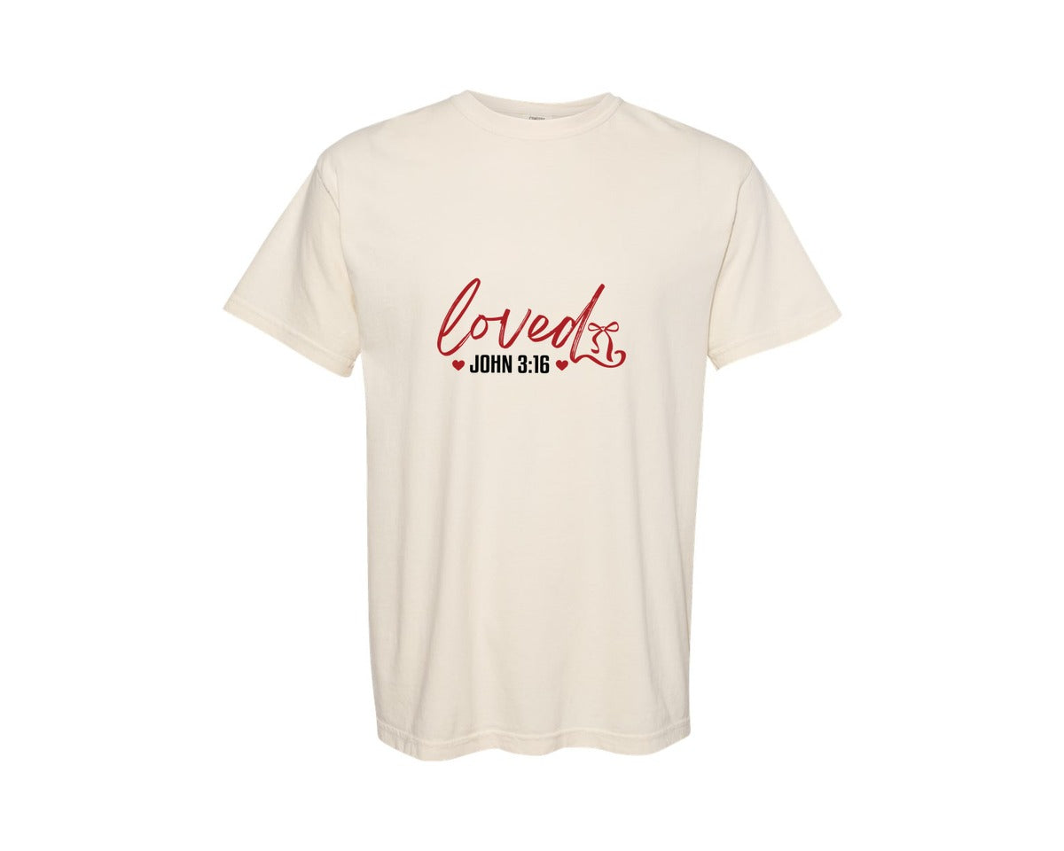 brand:Comfort Colors|color:Ivory|Loved John 316 Christian Valentine 8 Graphic T-Shirt