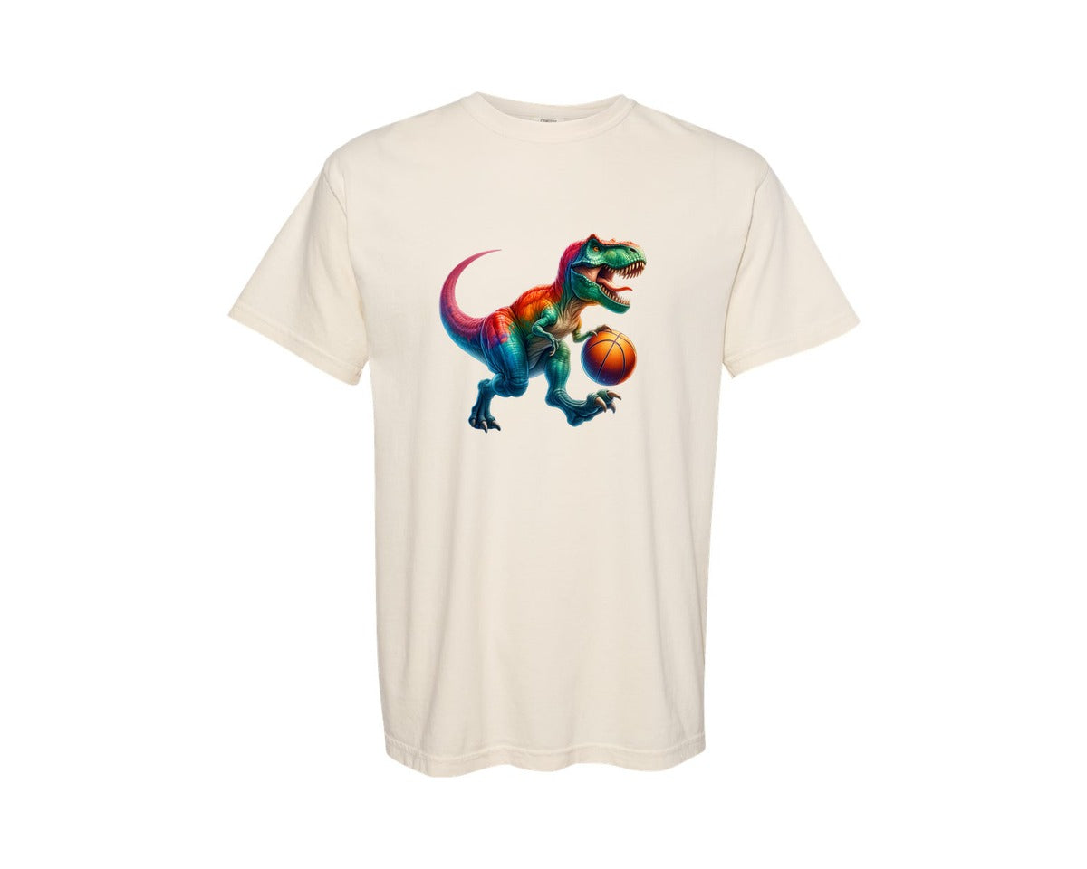 brand:Comfort Colors|color:Ivory|Basketball T Rex Dinosaur Kids Graphic T-Shirt