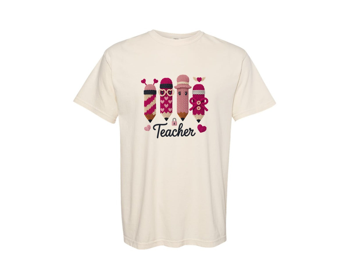 brand:Comfort Colors|color:Ivory|Knitted Teacher Pencils Hearts Shirt Graphic T-Shirt
