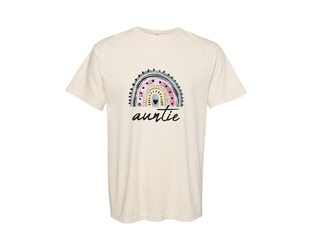 brand:Comfort Colors|color:Ivory|Boho Rainbow Auntie Watercolor New Aunt Graphic T-Shirt