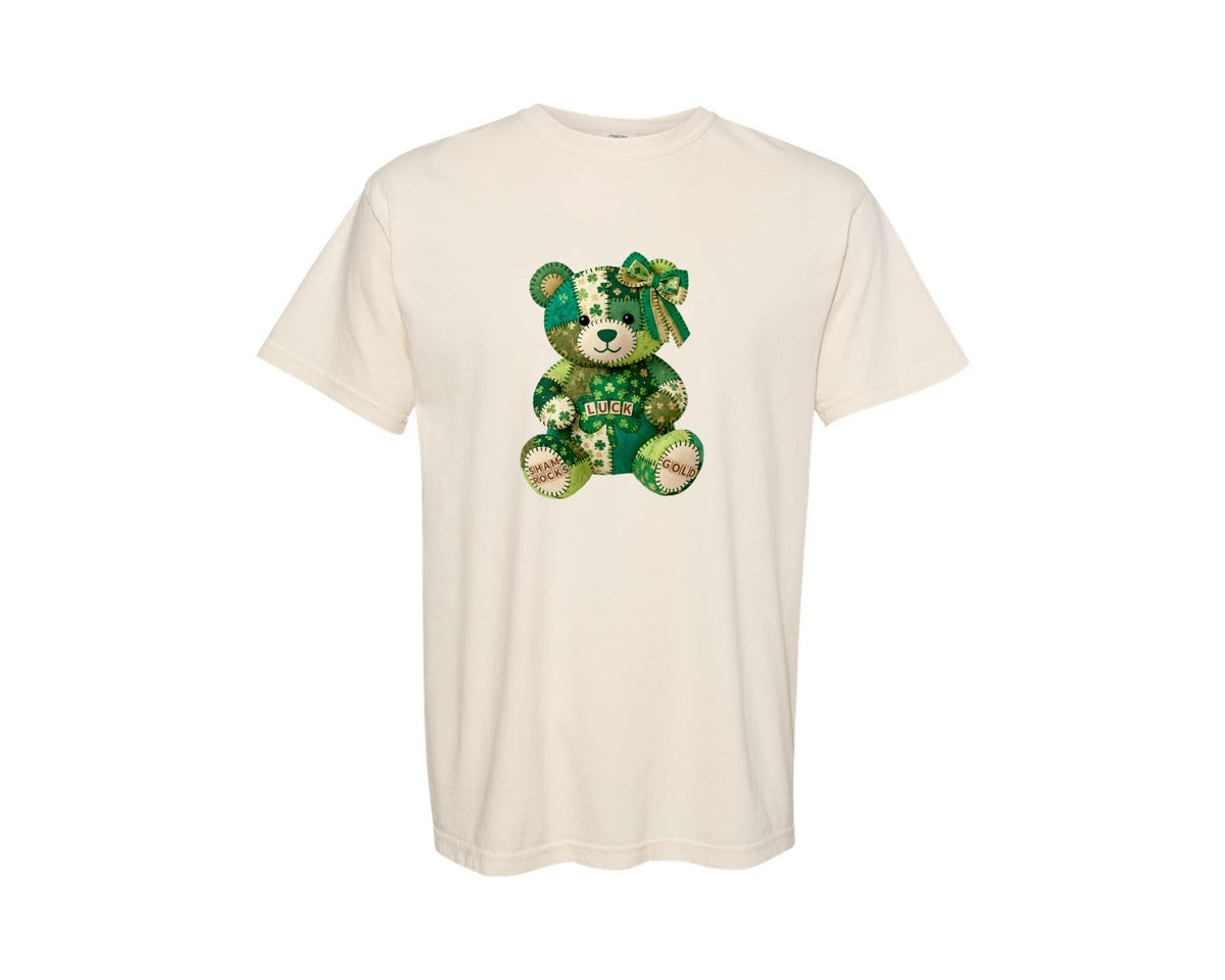 brand:Comfort Colors|color:Ivory|Patchwork Teddy Bear St Patricks Graphic T-Shirt