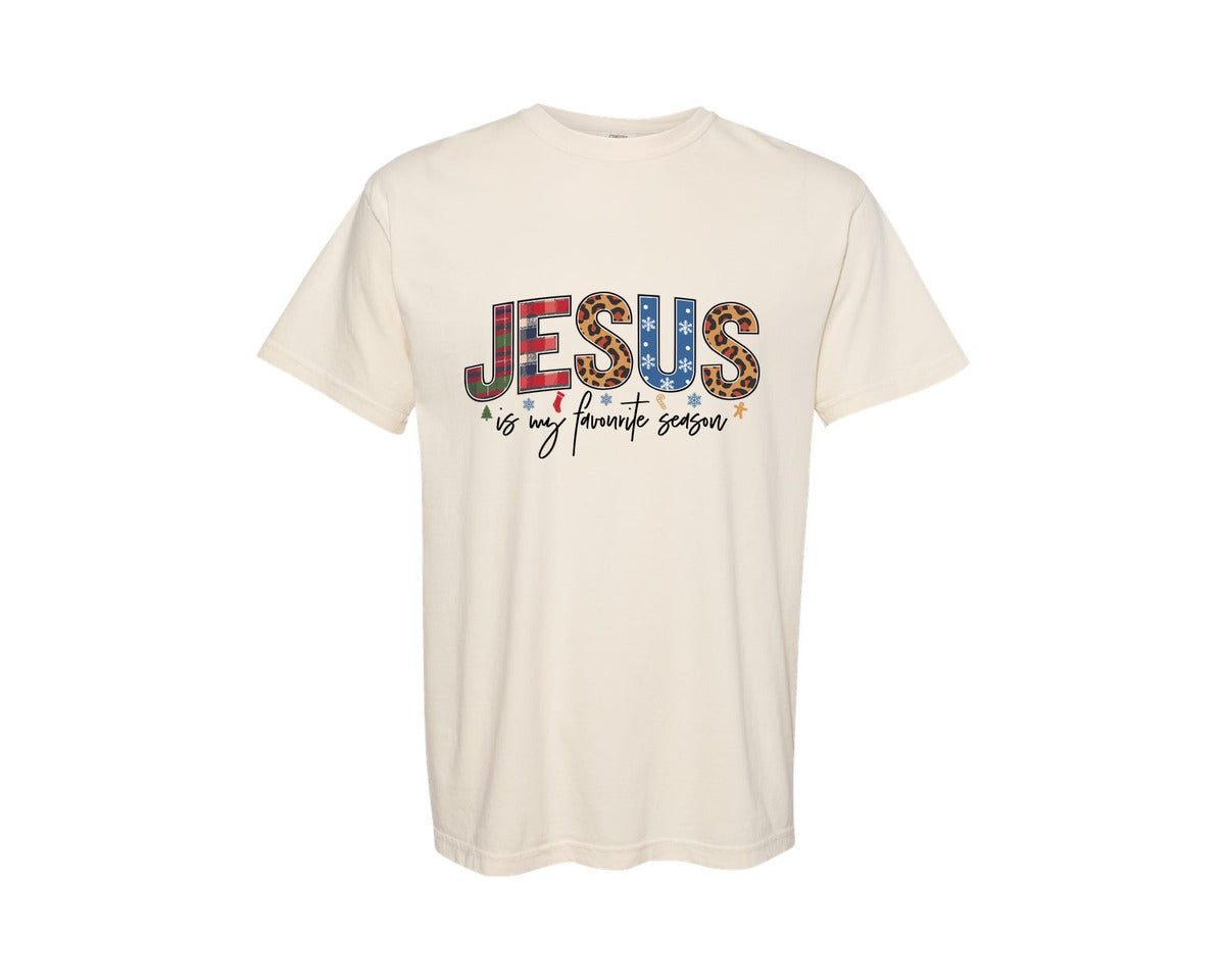 brand:Comfort Colors|color:Ivory|Jesus Is My Favorite Season Christmas Graphic T-Shirt
