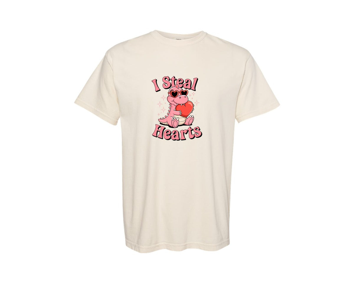 brand:Comfort Colors|color:Ivory|I Steal Hearts Rawr Valentines Day 2 Graphic T-Shirt