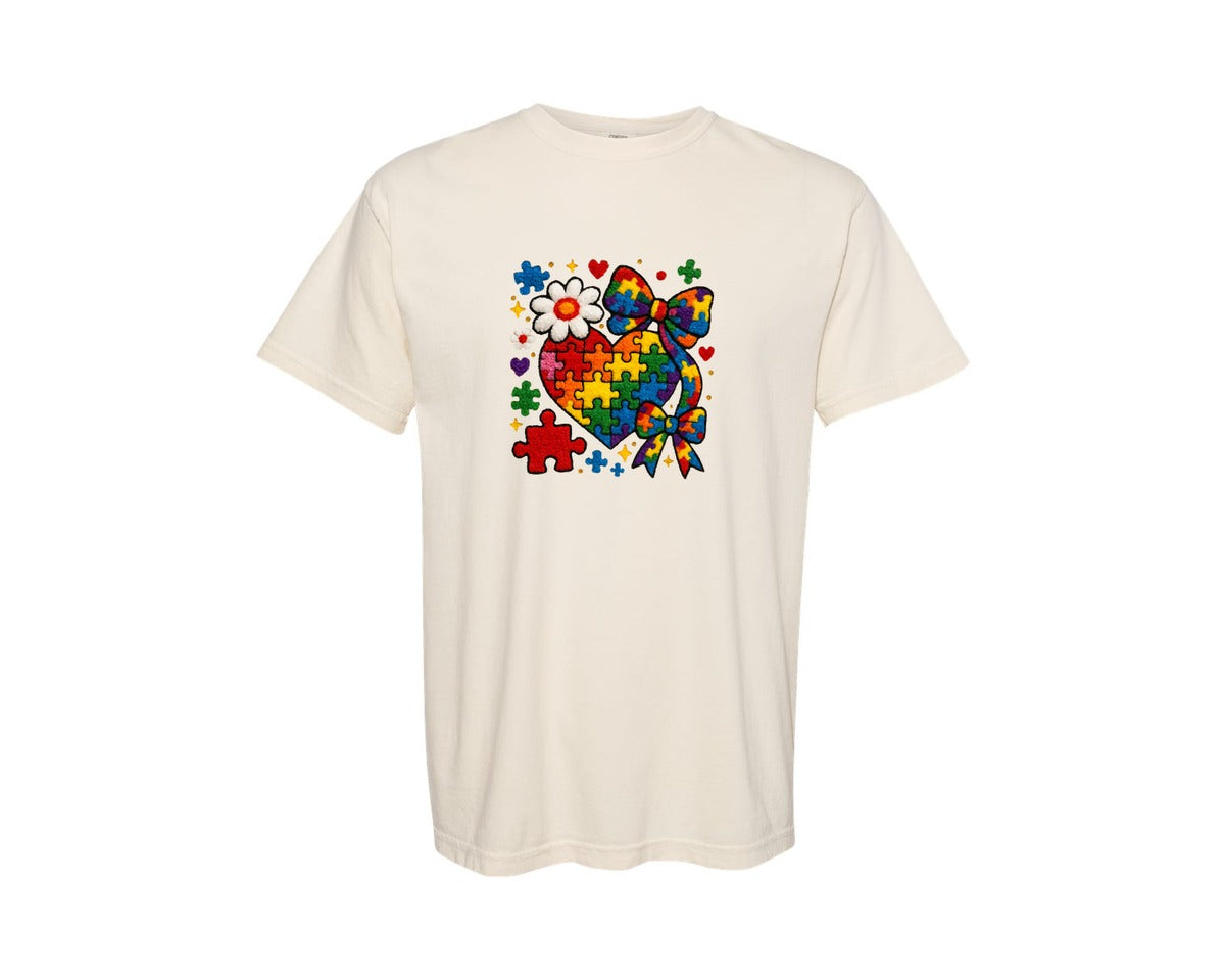 brand:Comfort Colors|color:Ivory|Autism Mom Coquette Bow Faux Yarn Shirt Graphic T-Shirt