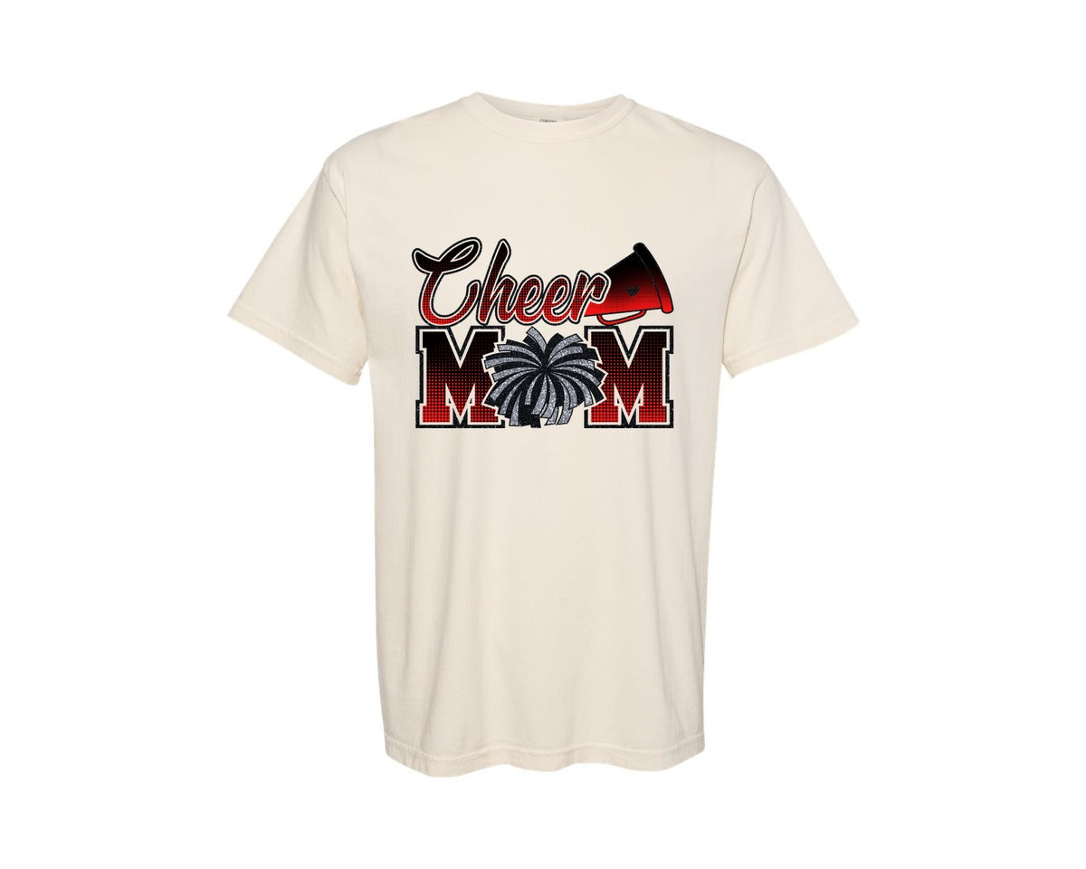 brand:Comfort Colors|color:Ivory|Cheer Mom Glitter Red Black Pom Mama Graphic T-Shirt