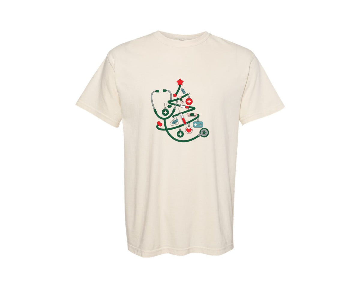 brand:Comfort Colors|color:Ivory|Stethoscope Christmas Tree Nurse Design Graphic T-Shirt