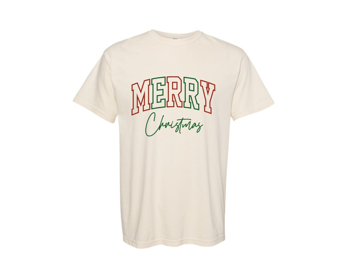 brand:Comfort Colors|color:Ivory|Merry Applique Embroidery Machine Sign Graphic T-Shirt