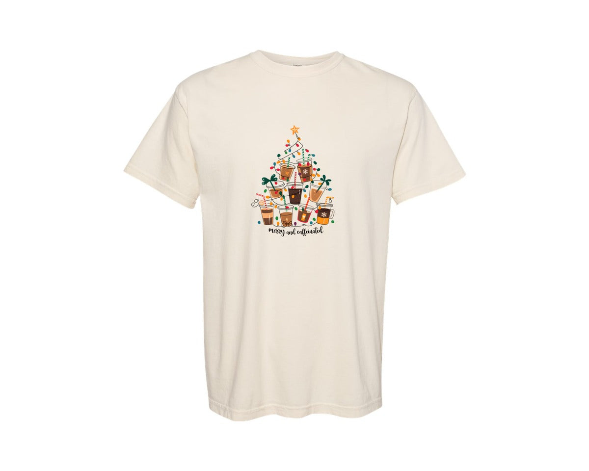 brand:Comfort Colors|color:Ivory|Merry And Caffeinated Coffee Tree Graphic T-Shirt