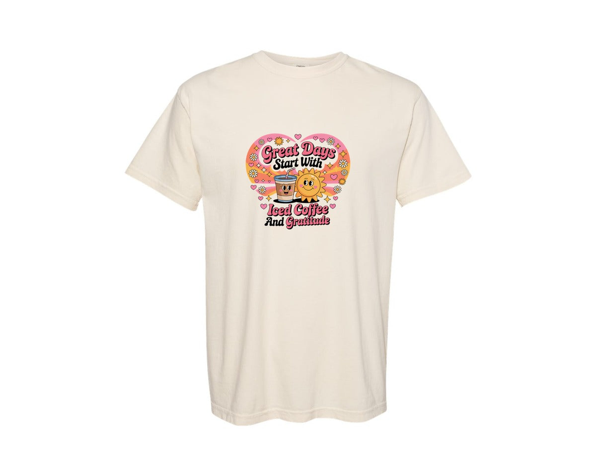 brand:Comfort Colors|color:Ivory|Happy Iced Coffee Gratitude Graphic T-Shirt