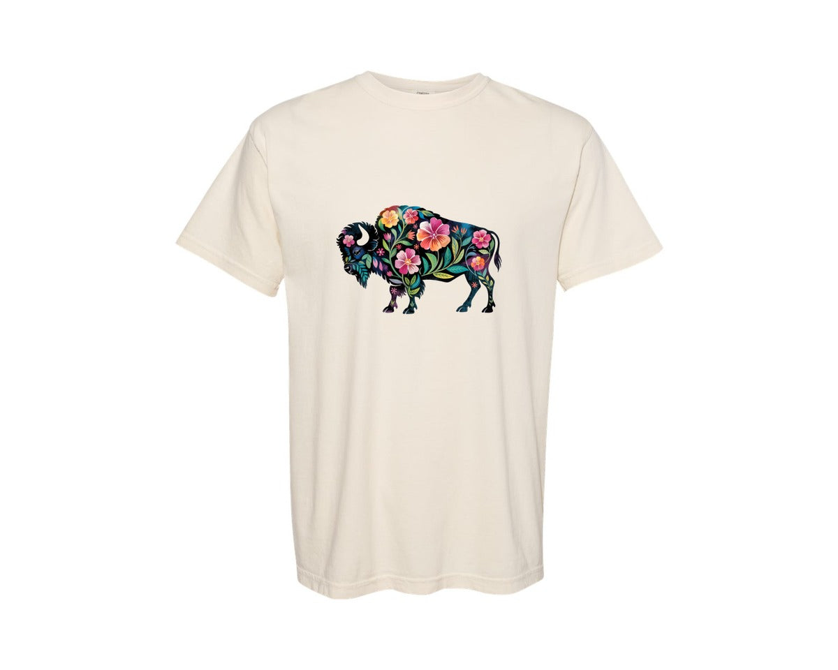 brand:Comfort Colors|color:Ivory|Floral Buffalo Bison Flowers Graphic T-Shirt