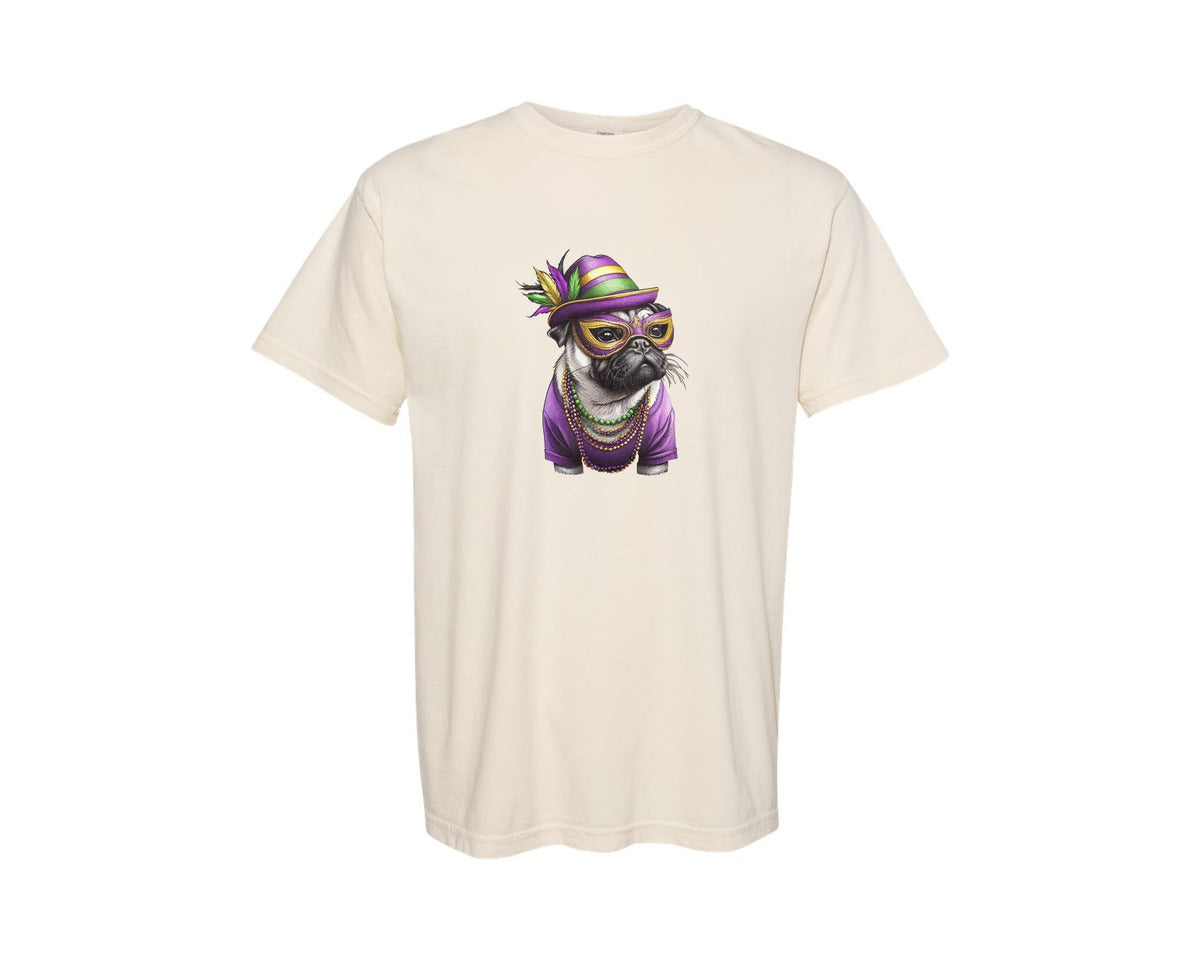 brand:Comfort Colors|color:Ivory|Mardi Gras Pug Dog Graphic T-Shirt
