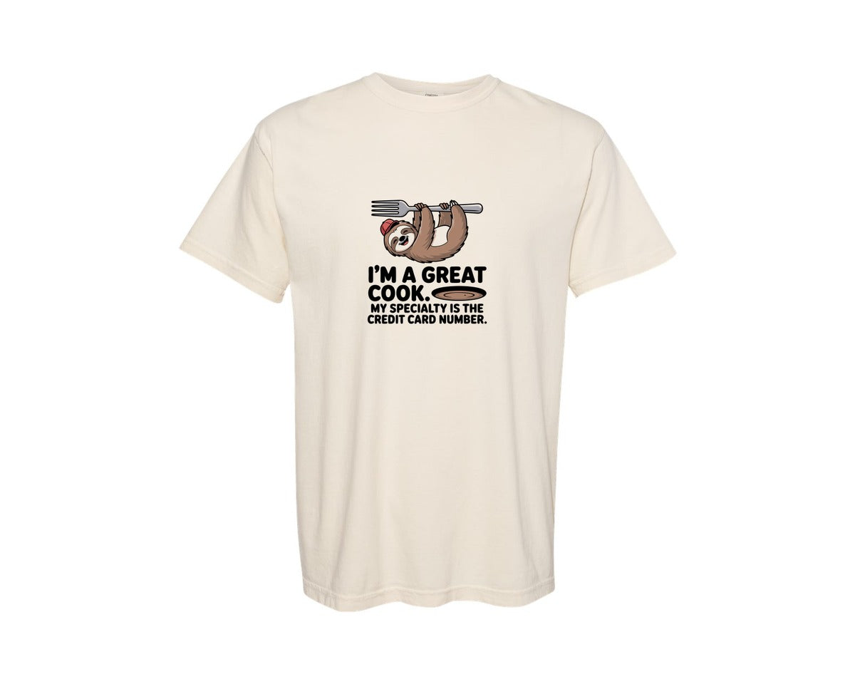 brand:Comfort Colors|color:Ivory|Funny Sloth Cook Hanging On A Fork Graphic T-Shirt