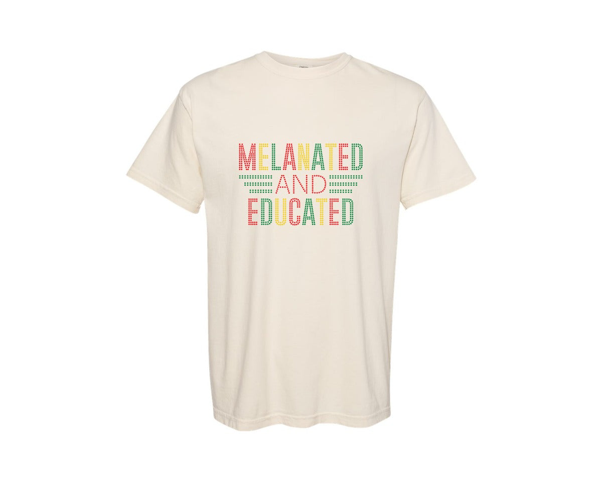 brand:Comfort Colors|color:Ivory|Melanated And Educatedrhinestone Design Graphic T-Shirt