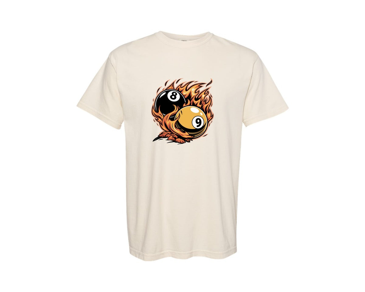 brand:Comfort Colors|color:Ivory|Flaming 8 9 Ball Billiards 2 Graphic T-Shirt
