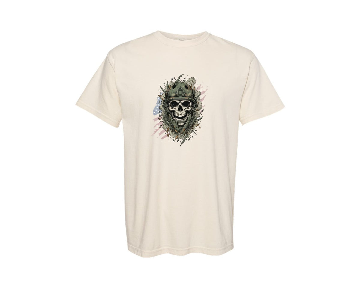 brand:Comfort Colors|color:Ivory|Skull In Military Helmet Illustration Graphic T-Shirt