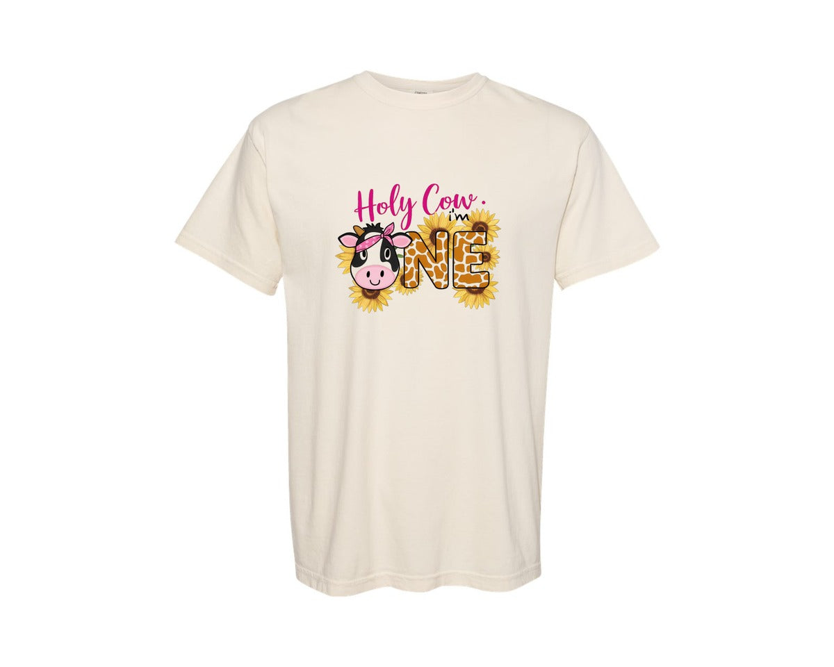 brand:Comfort Colors|color:Ivory|Holy Cow I Am One 1St Birthday Girl 2 Graphic T-Shirt