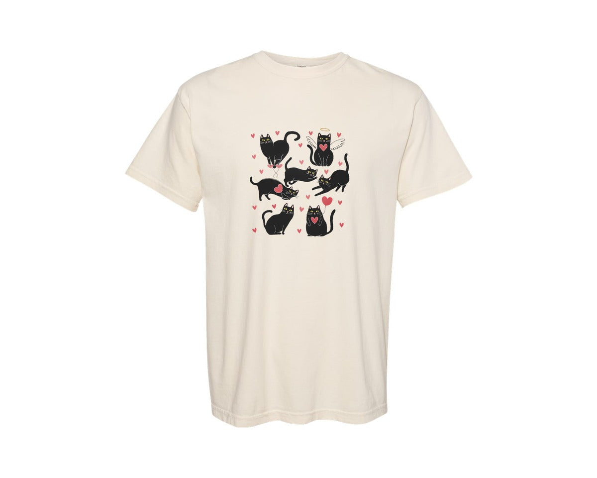 brand:Comfort Colors|color:Ivory|Black Cat Valentine Cute Heart Cat Graphic T-Shirt