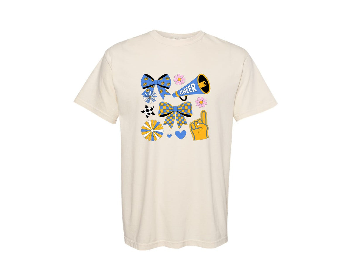 brand:Comfort Colors|color:Ivory|Cheer Coquette Blue Gold Cheer Mom 3 Graphic T-Shirt
