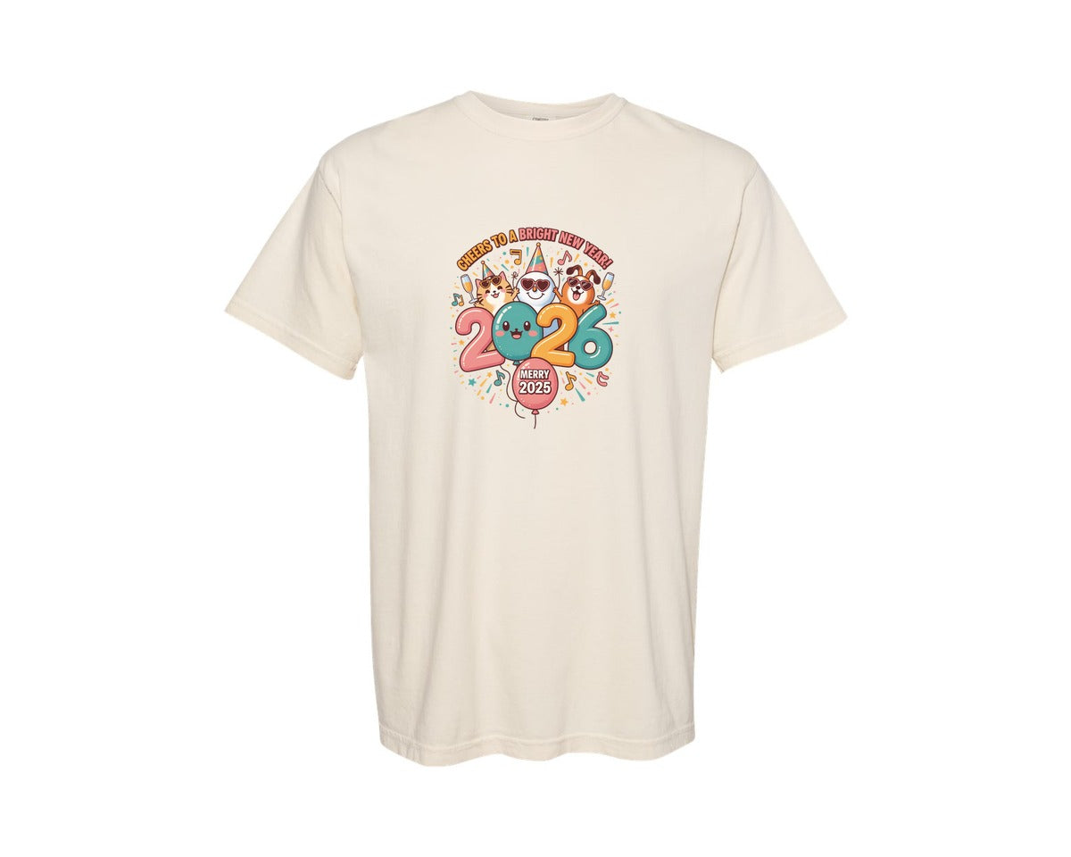 brand:Comfort Colors|color:Ivory|Happy New Year 2026 Christmas Cat Graphic T-Shirt