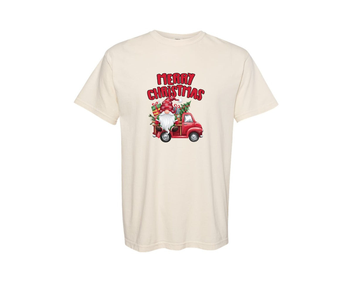 brand:Comfort Colors|color:Ivory|Merry Christmas Red Vintage Truck Gnome Graphic T-Shirt