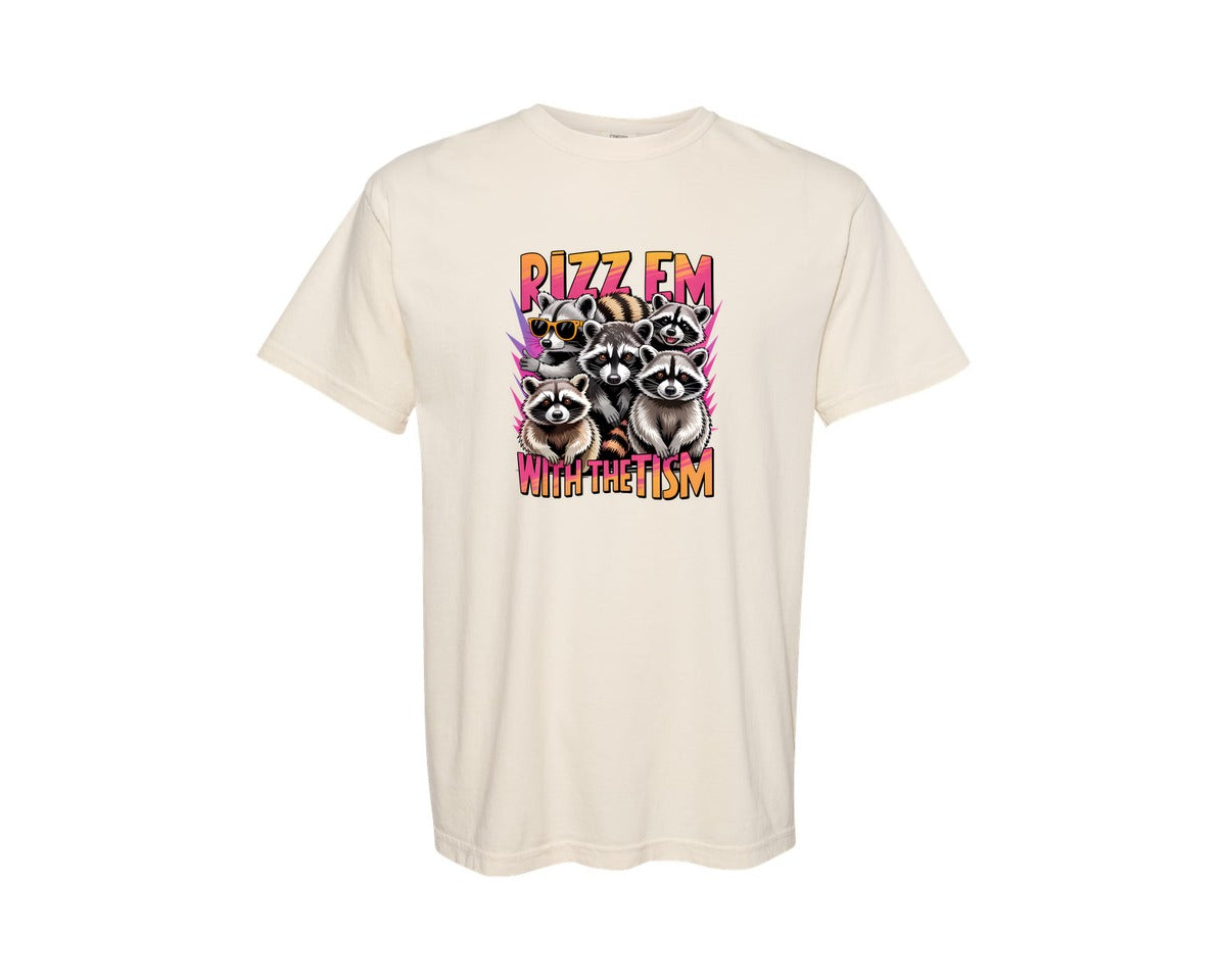 brand:Comfort Colors|color:Ivory|Raccoon Meme Rizz Em With The Tism Graphic T-Shirt