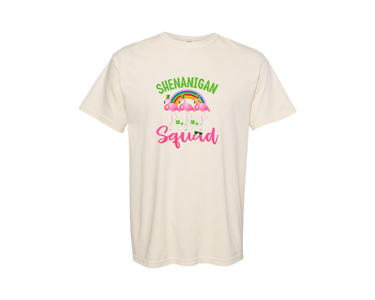 brand:Comfort Colors|color:Ivory|Shenanigan Squad Patricks Day Flamingo Graphic T-Shirt