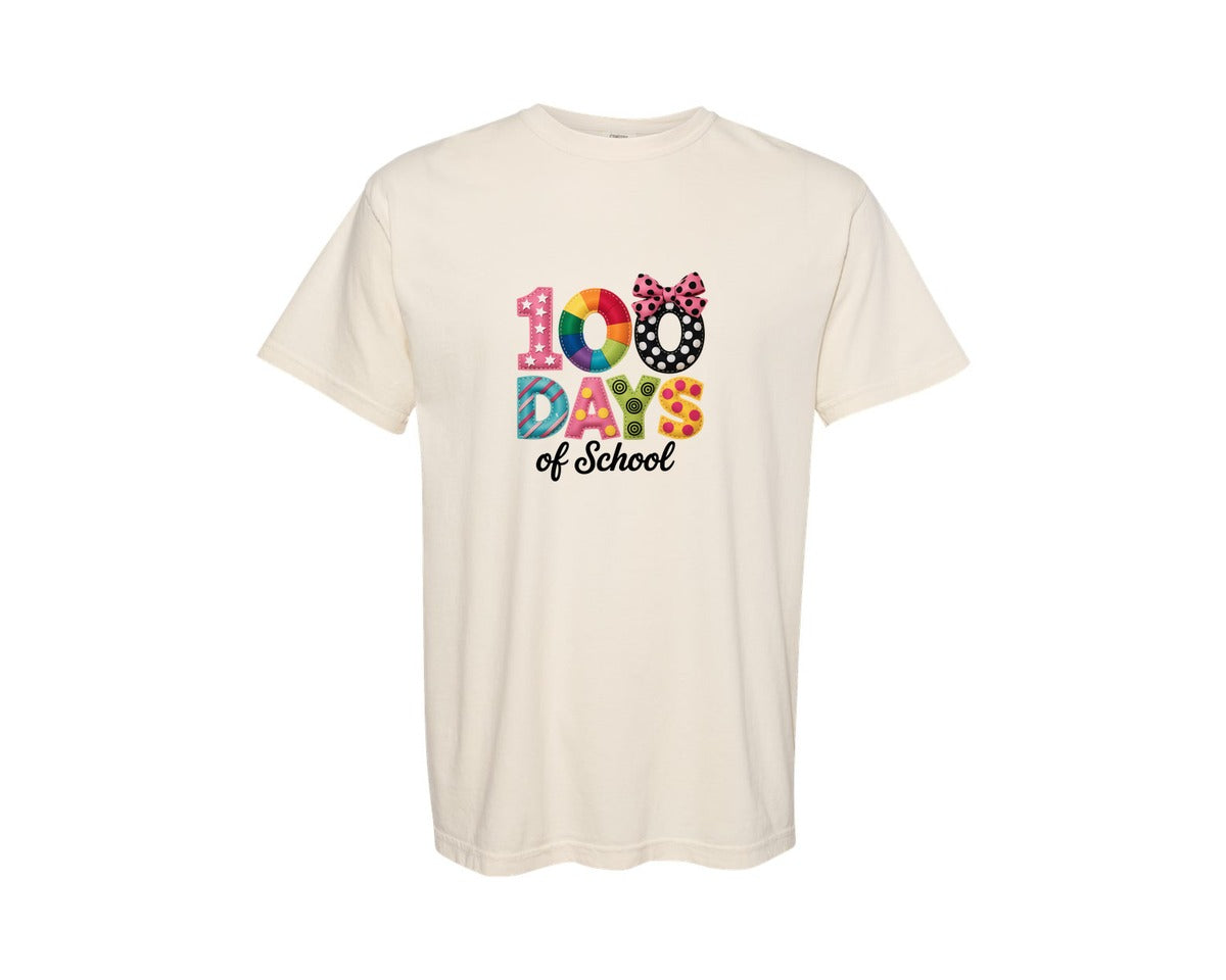 brand:Comfort Colors|color:Ivory|Bright Patchwork 100 Days Of School Graphic T-Shirt