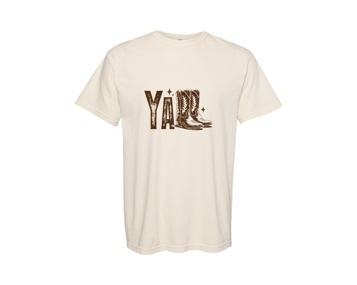 brand:Comfort Colors|color:Ivory|Yall Cowboy Boots Western Design Graphic T-Shirt