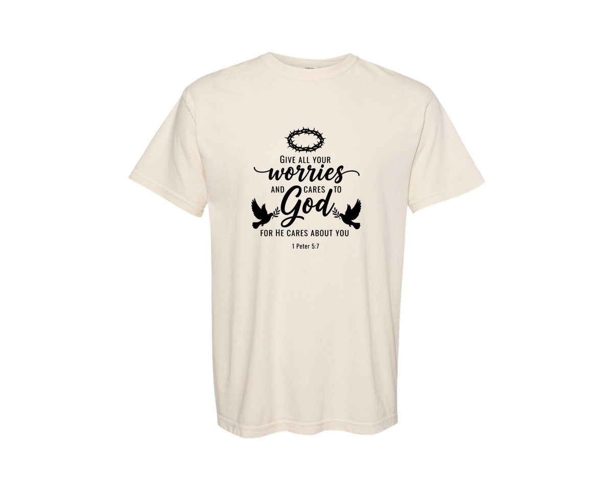 brand:Comfort Colors|color:Ivory|Give All Your Worries And Cares To God 2 Graphic T-Shirt