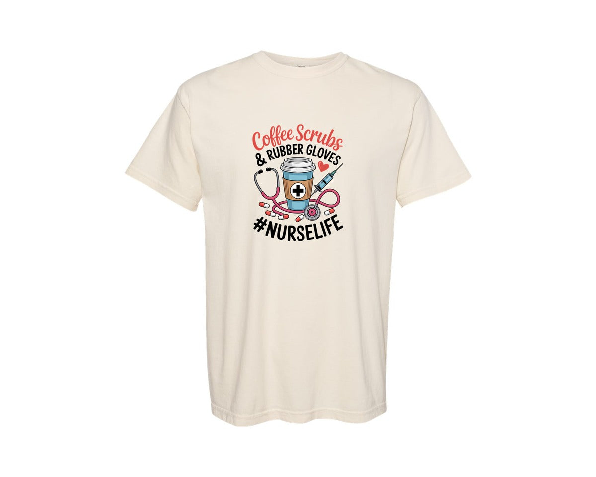 brand:Comfort Colors|color:Ivory|Coffee Scrubs Rubber Gloves Nurselife 4 Graphic T-Shirt