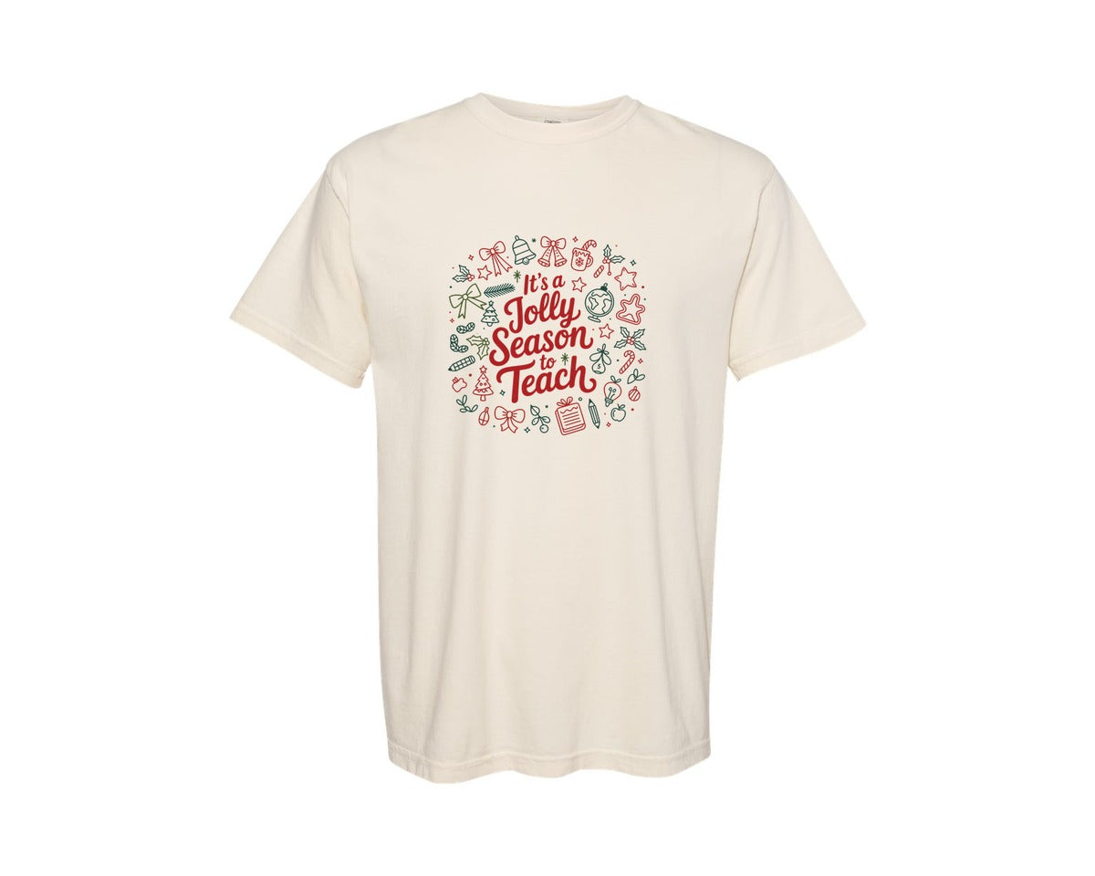 brand:Comfort Colors|color:Ivory|Christmas Jolly Season Pngteacher Graphic T-Shirt