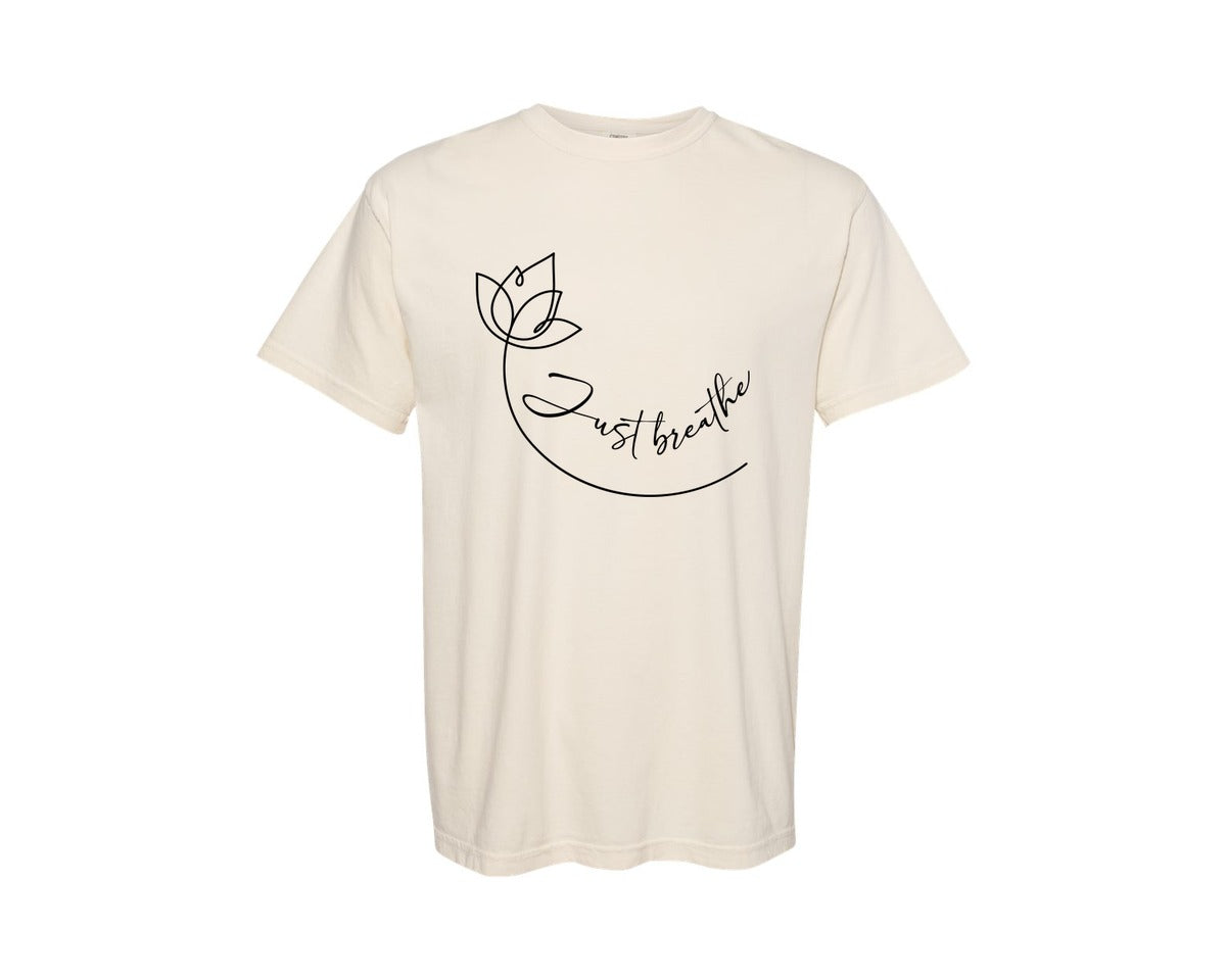 brand:Comfort Colors|color:Ivory|Just Breathe Yoga Lotus Graphic T-Shirt