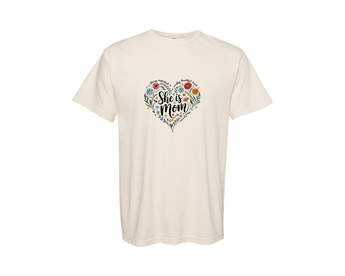 brand:Comfort Colors|color:Ivory|She Is Mom Flowers Heart Mothers Day Graphic T-Shirt