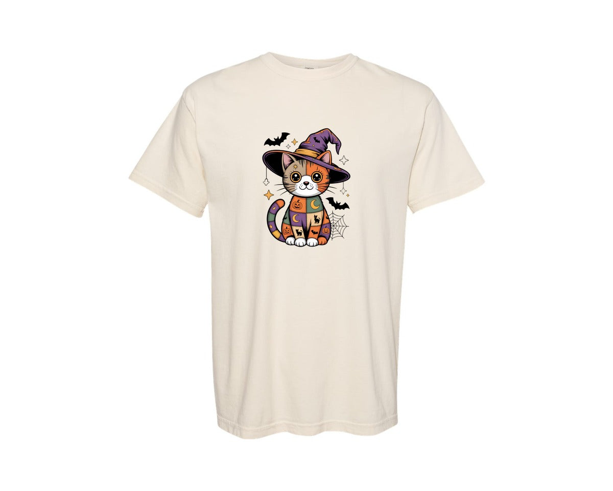 brand:Comfort Colors|color:Ivory|Patchwork Halloween Cat Witch Cat 6 Graphic T-Shirt