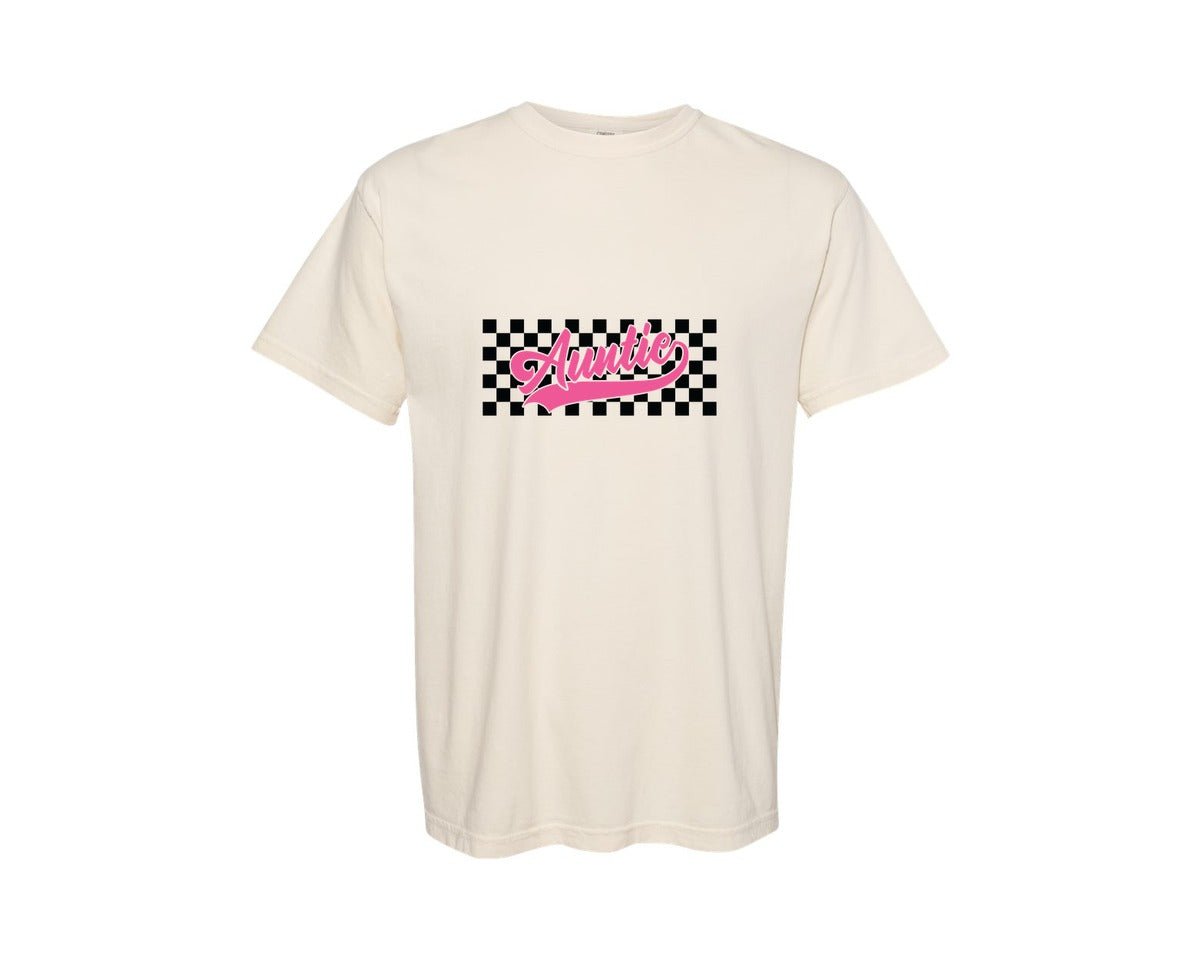 brand:Comfort Colors|color:Ivory|Aunt Retro Auntie Checkered Auntie Graphic T-Shirt