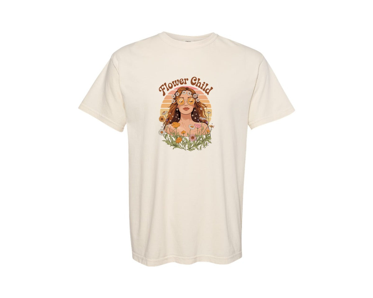 brand:Comfort Colors|color:Ivory|Flower Child Retro Boho Girl Art Graphic T-Shirt