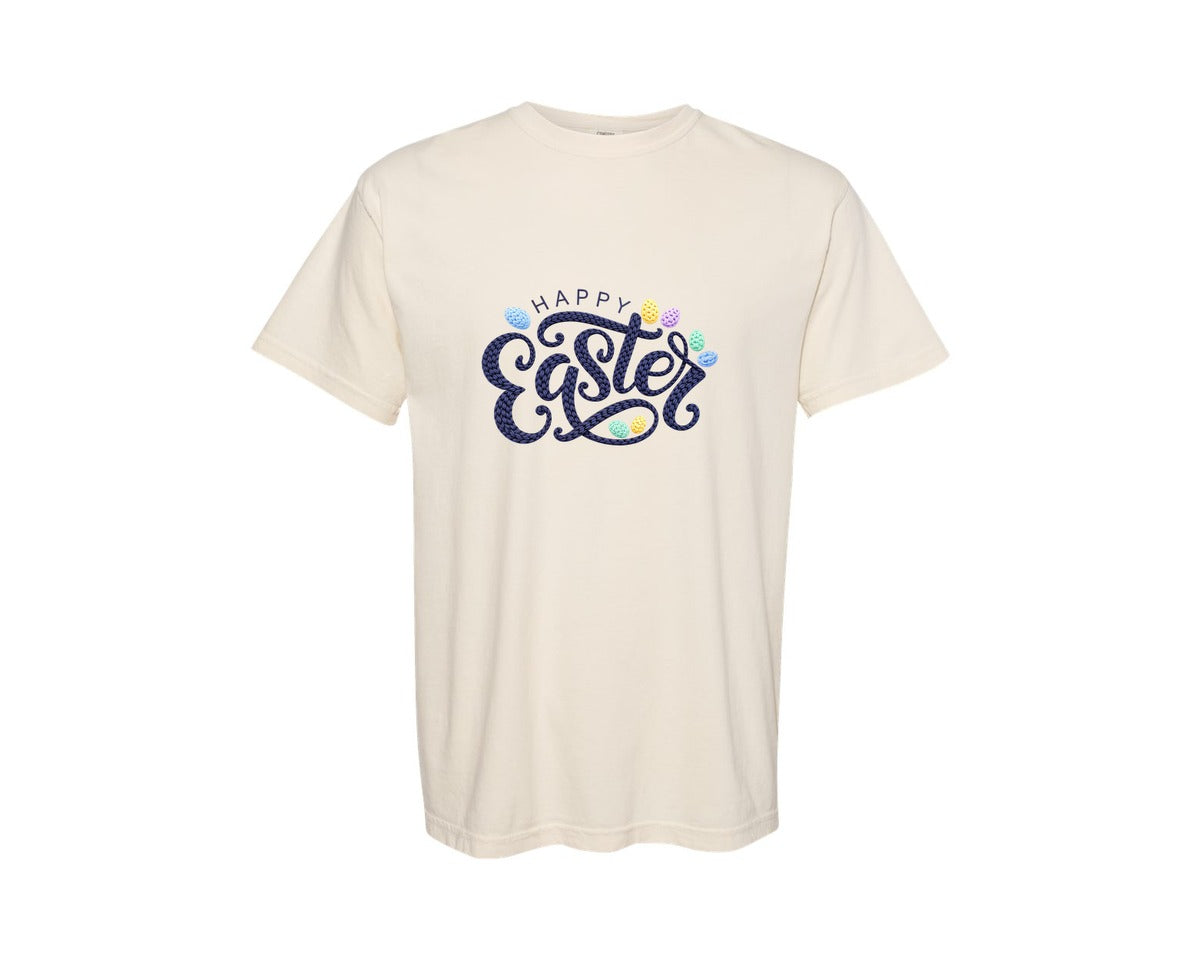 brand:Comfort Colors|color:Ivory|Faux Crochet Happy Easter Graphic T-Shirt